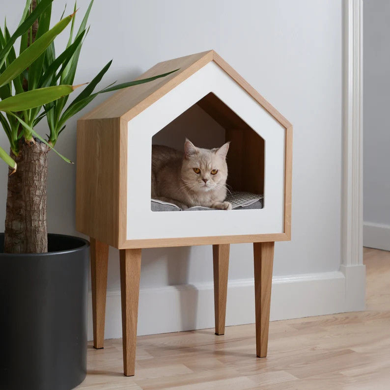 Indoor Cat Tree Oak Wood Cat House in Natural Wood Color with Storage Containers