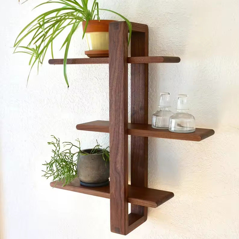 Mid Century Modern Three-layer Handmade Solid Wood Wall Decor for Hanging Plants Art Books Photos
