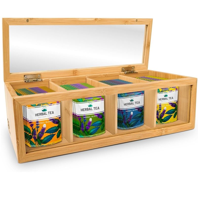 Wooden Tea Bag Organizer with Laser Engraved Printing and Clear Acrylic Glass Window