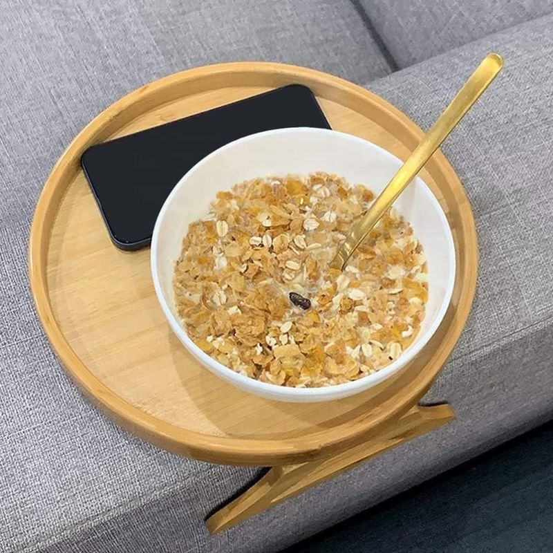 Custom Natural Bamboo Sofa Side Table Foldable Armrest Clip-On Couch Tray for OEM ODM