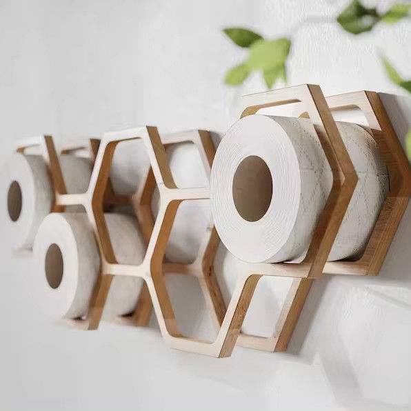 Wooden Restroom Roll Rack with Wall Mount Tissue Storage Shelf in Honeycomb Design