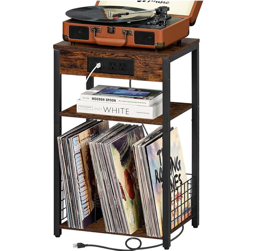 Storage Container Design Style Brown Nightstand with USB Ports and Charging Station