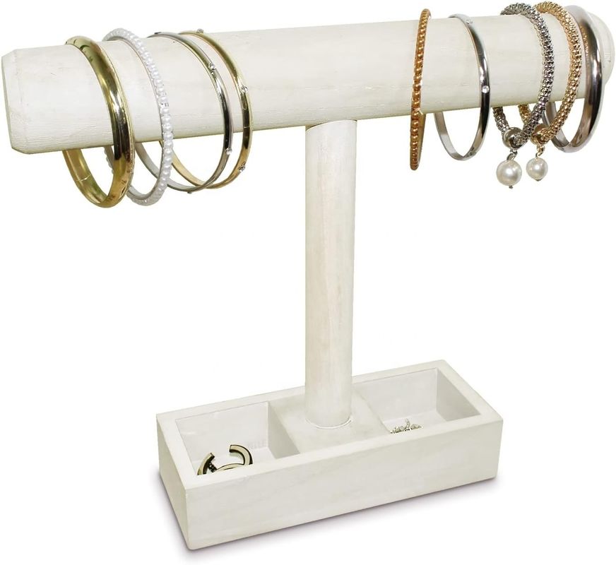 Living Room Custom Wooden T-Bar Jewelry Display Stand with 2-Compartment Storage Tray