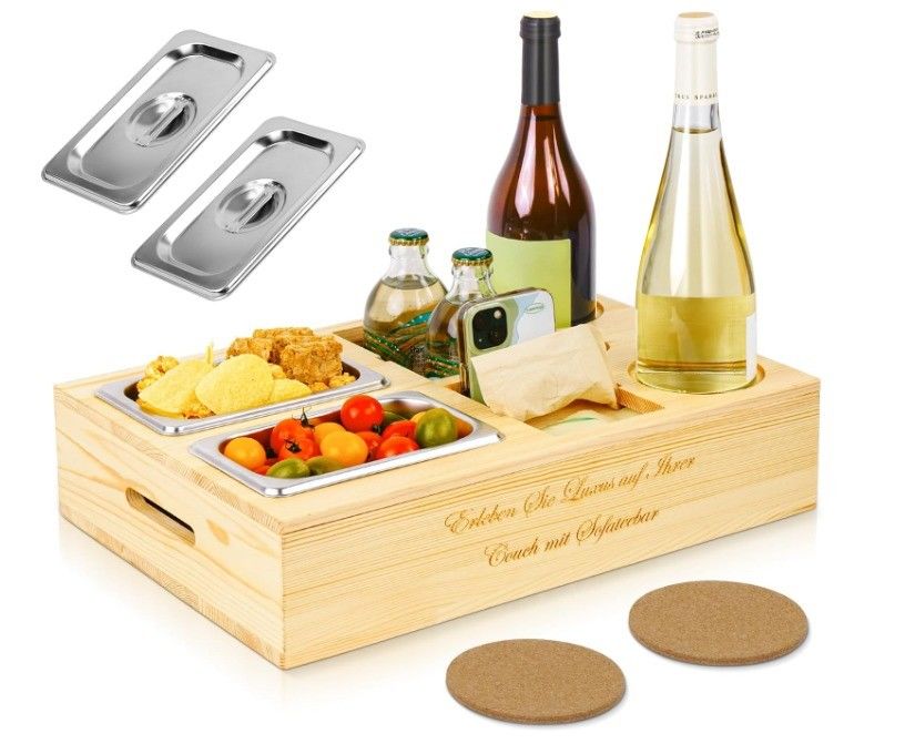Customized Logo Wood Sofa Tray with Drink Holder Removable Lid and Storage Compartment