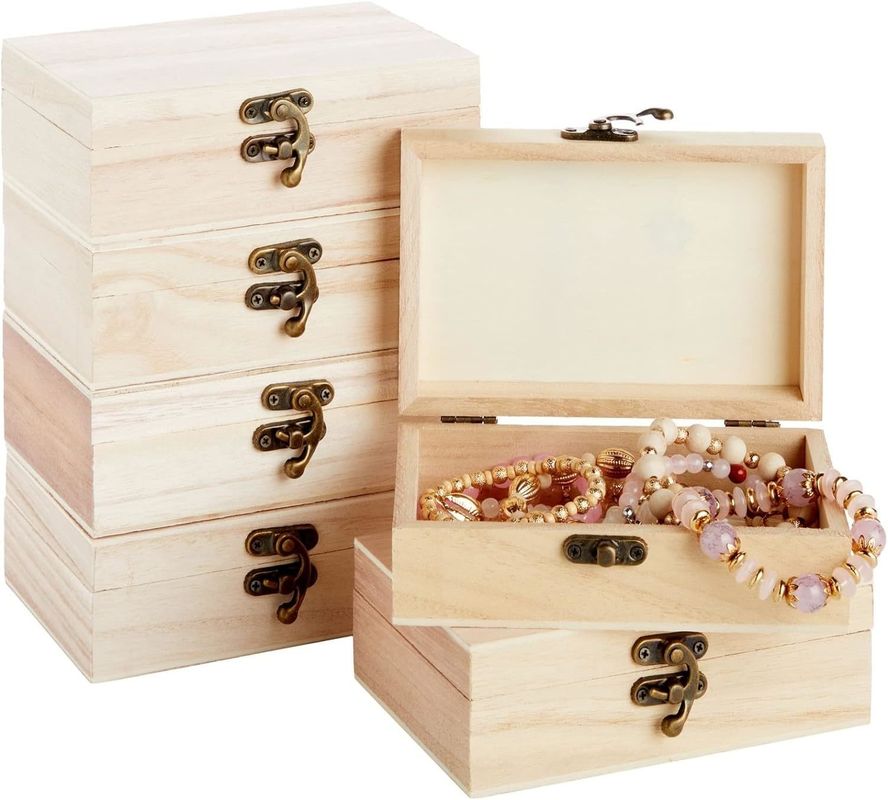 6 Pack Front Clasps Hinged Lids Unfinished Wooden Crafts Boxes for Other Gift Craft