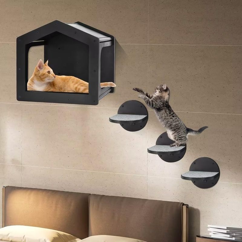 High Quantity Wall Mounted Cat Steps Climbing Shelf with 3 Large Steps and Scratch Pads