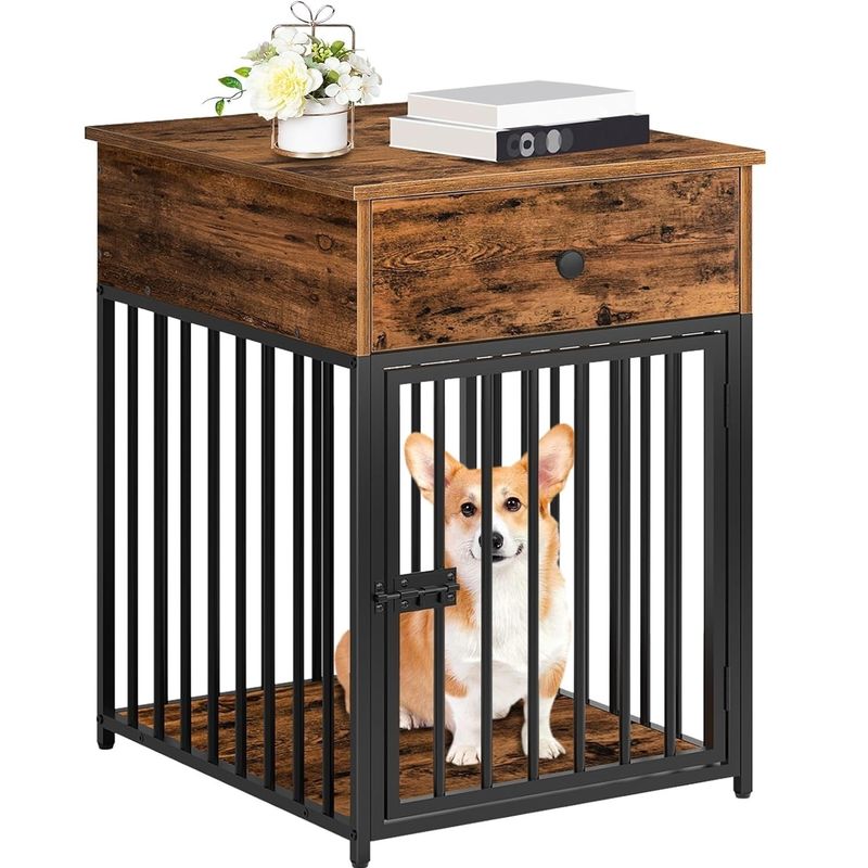 Indoor Pet Crate End Table Decorative Dog Kennel with Drawer and Customized Shape in White