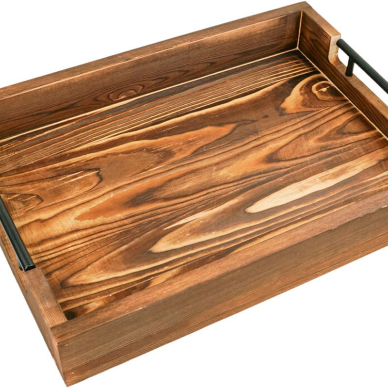 Wooden Serving Tray with Metal Handles for Living Room Bedroom Entryway Kitchen Decor