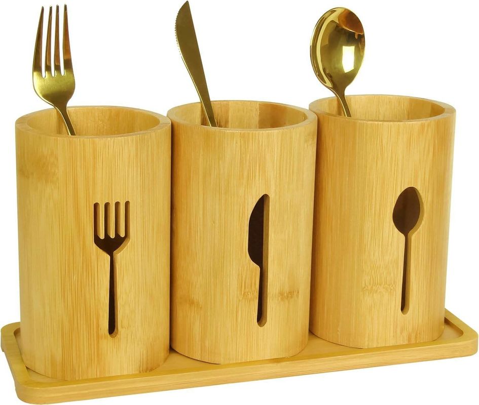 Installation Type Standing Type Bamboo Utensil Holder with Wooden Cutlery Organizer