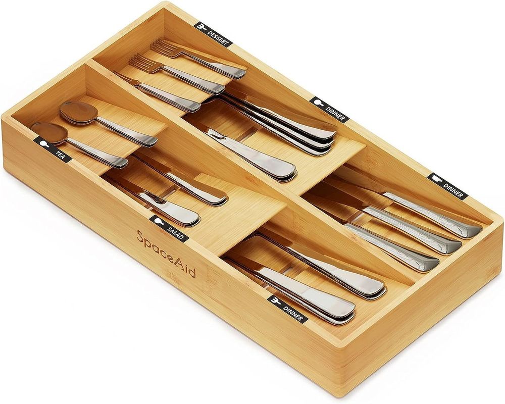 Organizer Silverware Drawer with Plain Wooden Box 6 Slots Bamboo Tray Holder in Natural