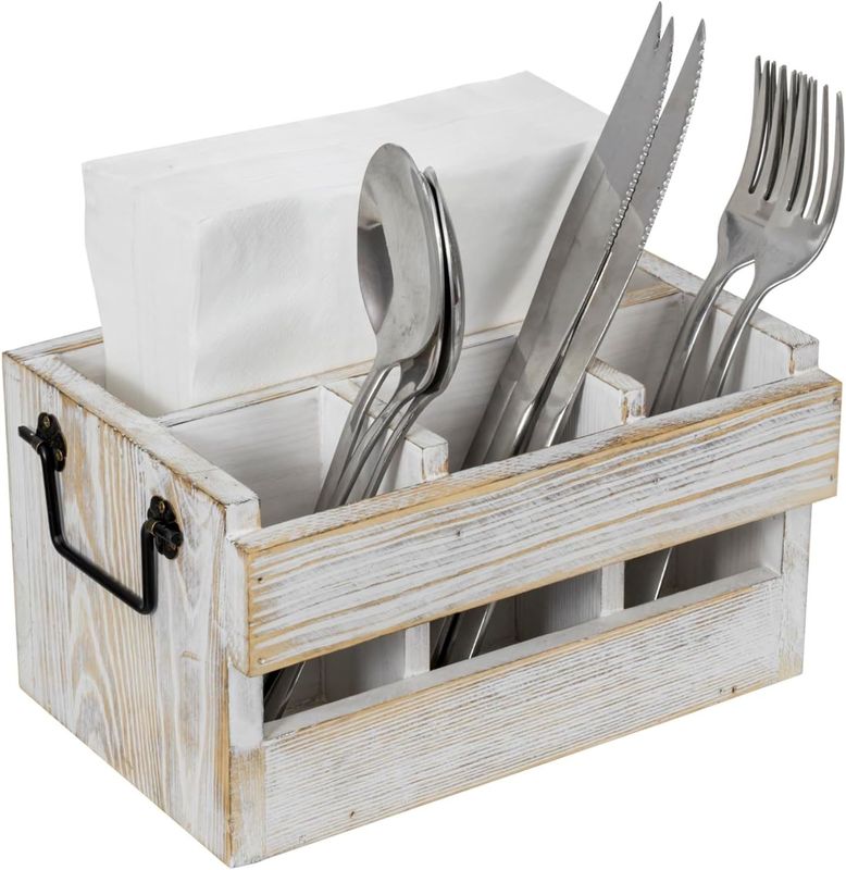 Non-folding Rack for Utensils and Napkins White Washed Solid Wood Black Metal Handles
