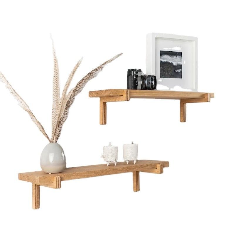 Double Tiers Wooden Office Decoration Floating Wall 2 Shelves Oak Minimalist Ledge Shelf for Home Save Space
