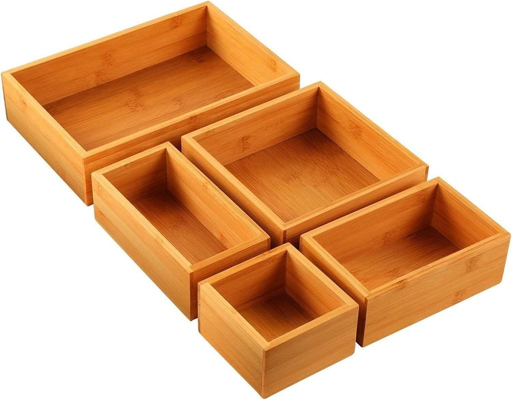 3 Wire Thickness 5-Piece Bamboo Drawer Organizer Set for Office Storage of Varied Sizes