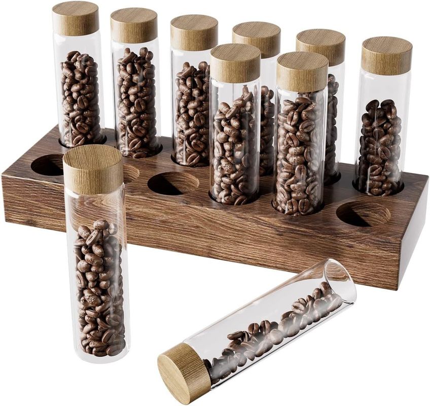 Versatile Wooden Coffee Bean Storage Container with Single Dose Tube and Holder Stand