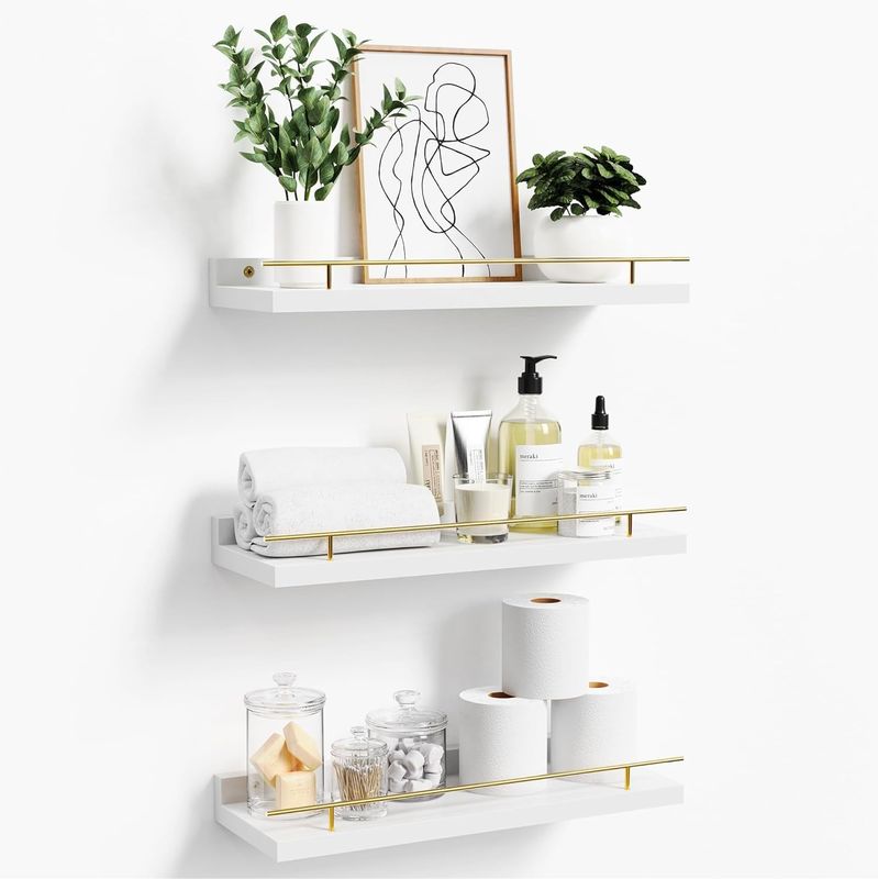 Bathroom Wall Shelves Set of 3 with Gold Metal Guardrail and BAMBOO Wood 41X13.5X2cm