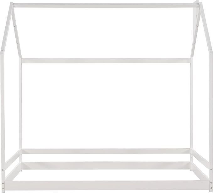 Children's Bedroom Furniture Twin Size Floor Bed with Wood House Design and Canopy Frame