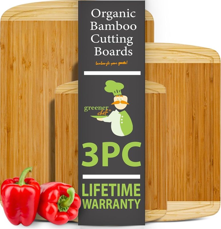 Organic Bamboo Cutting Board Set of 3 with Lifetime Replacements and Juice Groove