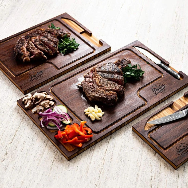 Wooden Cutting Board With Juice Groove and Knife Set in Plain Color for All-Season