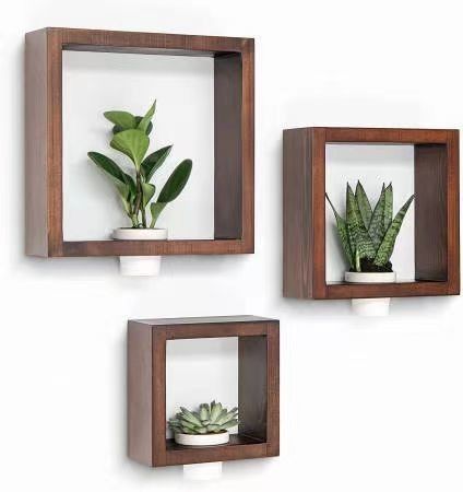 3pcs Solid Pine Wood Wall Shelf Set with White Ceramic Planters Handmade Home Office Decor
