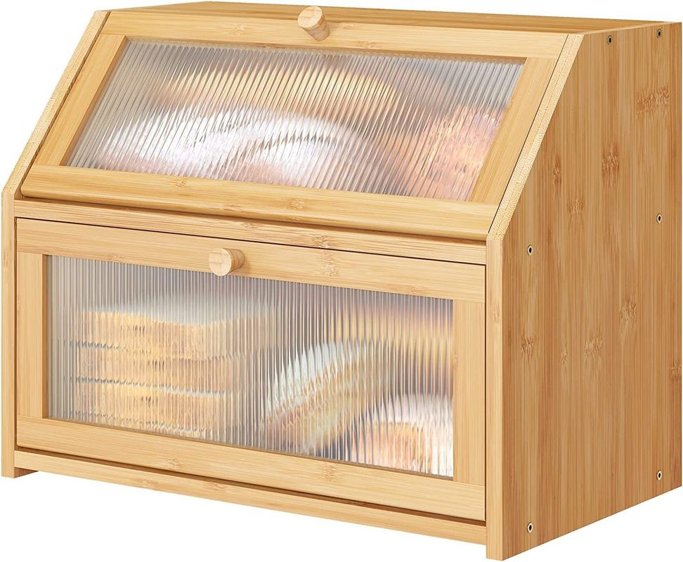 Acrylic Wavy Door Bread Storage Box Double Layer Bamboo Wood Design for Kitchen Counter