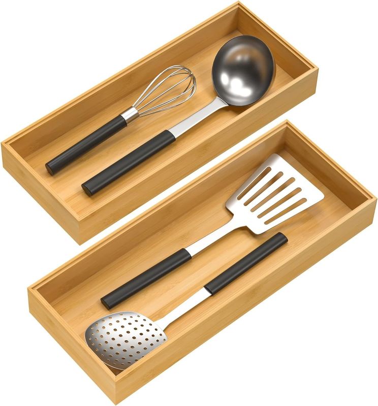 Set of 2 Bamboo Drawer Organizers for Kitchen 15&quot; x 6&quot; x 2&quot; Eco-Friendly and Durable