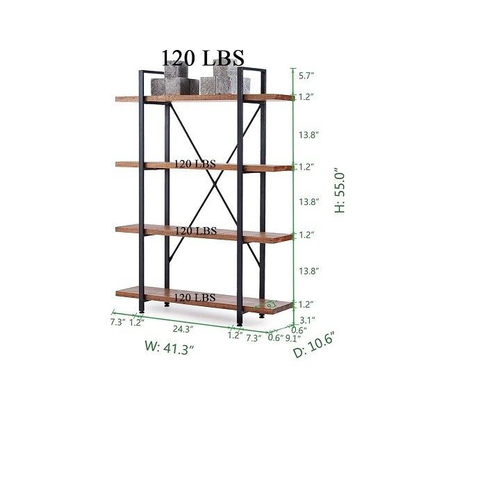 Rectangle 4 Tier Natural 4 Shelf Rustic Solid Real Wood Bookshelf Metal Bookcase Living Room Furniture