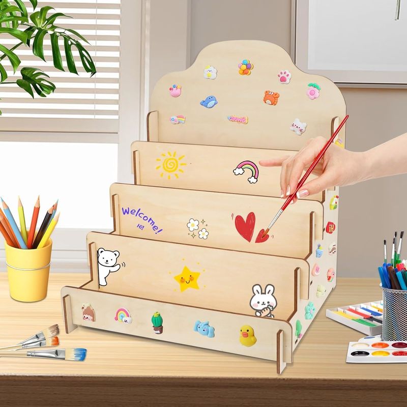 Custom Size Solid Wood 4 Tier Display Stand for Greeting Cards Stickers and Postcards