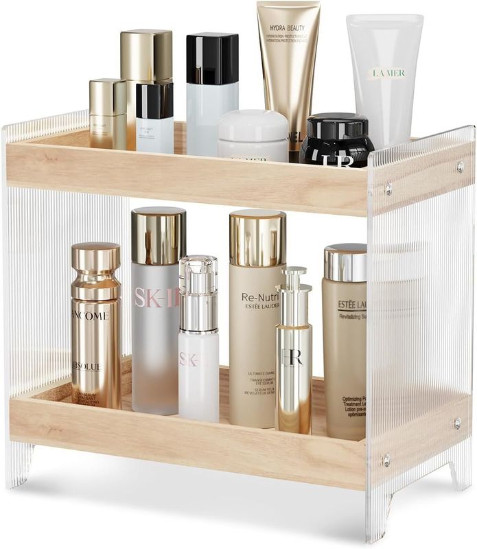 Non-folding Rack Makeup Perfume Organizer with Wooden Tray and Acrylic Cosmetics Shelf
