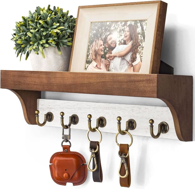 Wooden Base 2-Color Key Rack With 5 Retro Keys Hooks for Rustic Home Decor White Gray