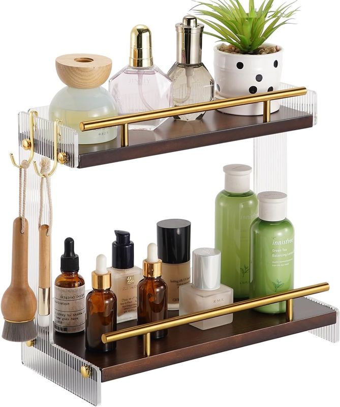 Wooden Bathroom Vanity Countertop Organizer for Cosmetics and Skincare 2 Tier Dresser