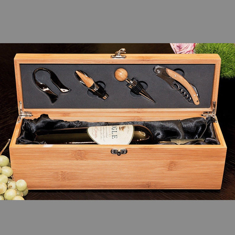 Industrial Toy Bamboo Single Wine Bottle Wood Storage Gift Case with 4 Essential Tools