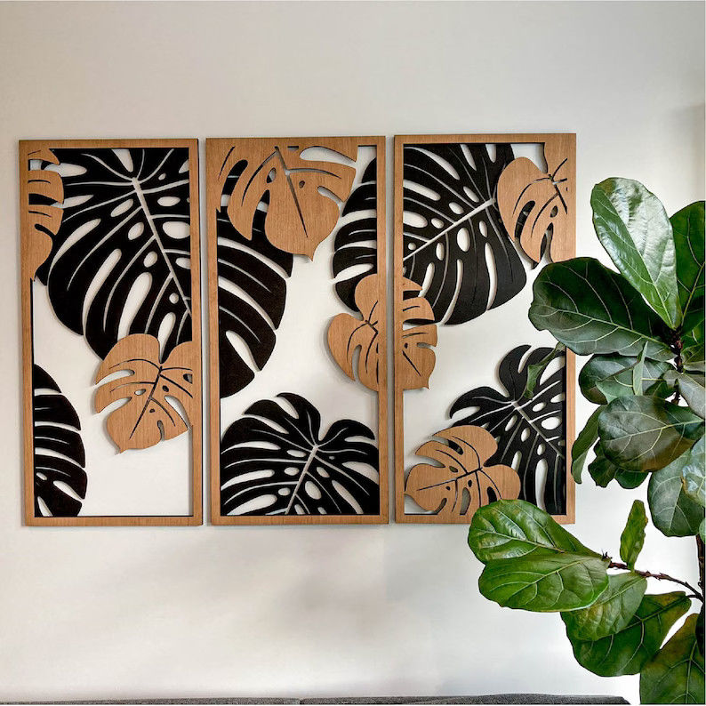 Customizable Monstera Decoration in 3 Panels Wooden Frames Included for Plant Wall Art