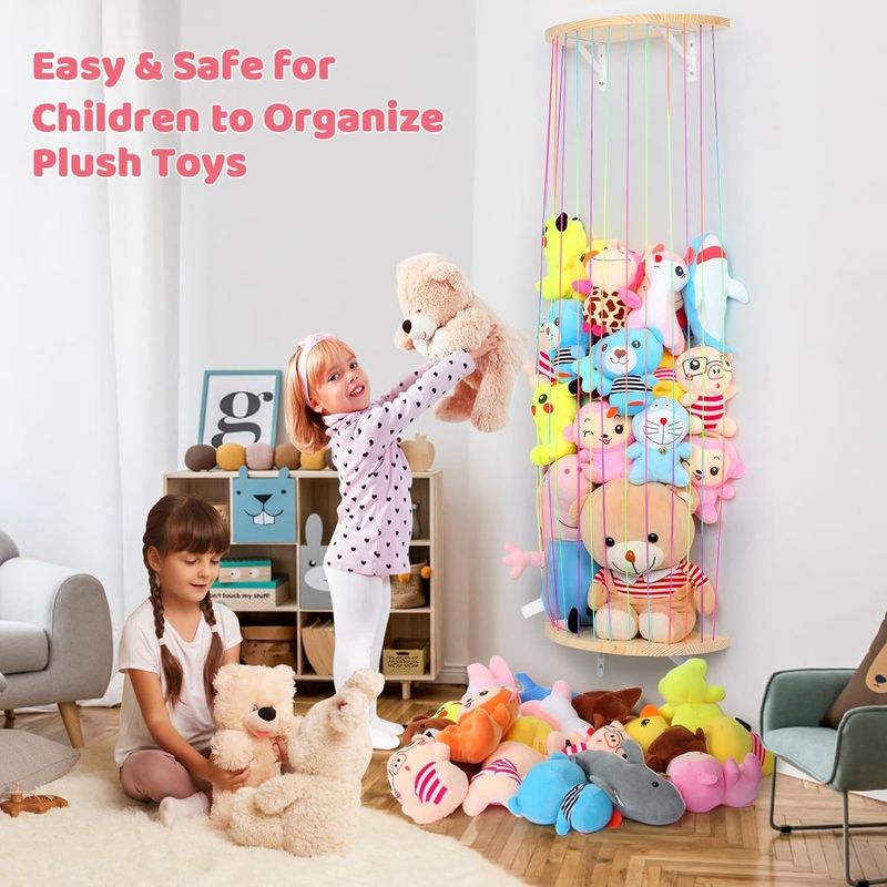 Wooden Half Circle Design Wall Hanging Plush Toy Organizer for Stuffed Animal Storage