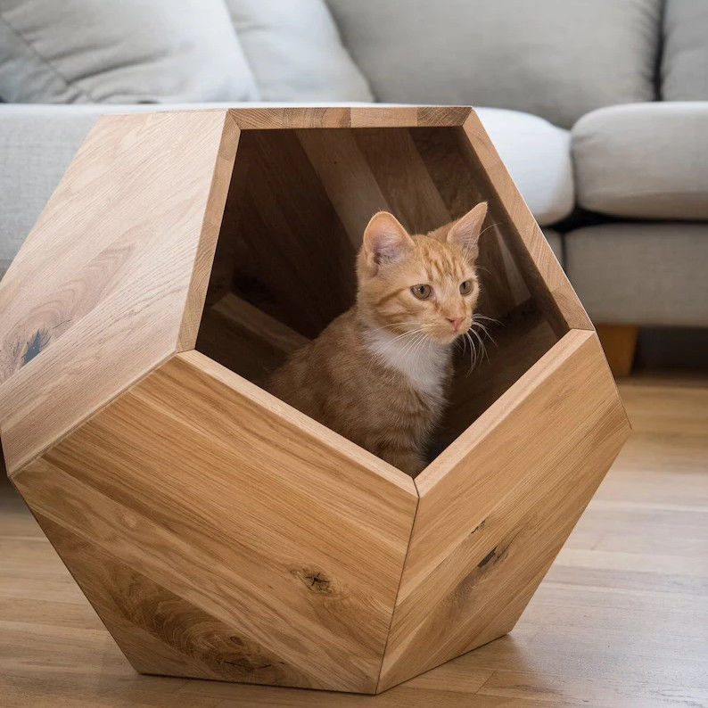 Household Storage Container Cat Bed Cave in Modern Design with Solid Wood and Side Table