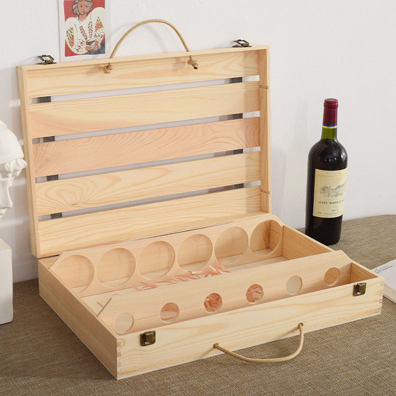 Tubular Wine Accessories Chess Wooden Box Handcrafted Holds 6 Bottles Plain Color