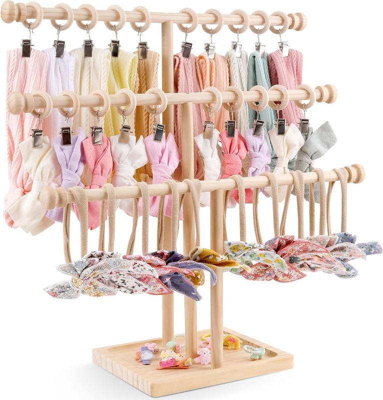 Wooden Wall Shelf Decoration 3-Tier Baby Headband Holder Hairbands Display Stand