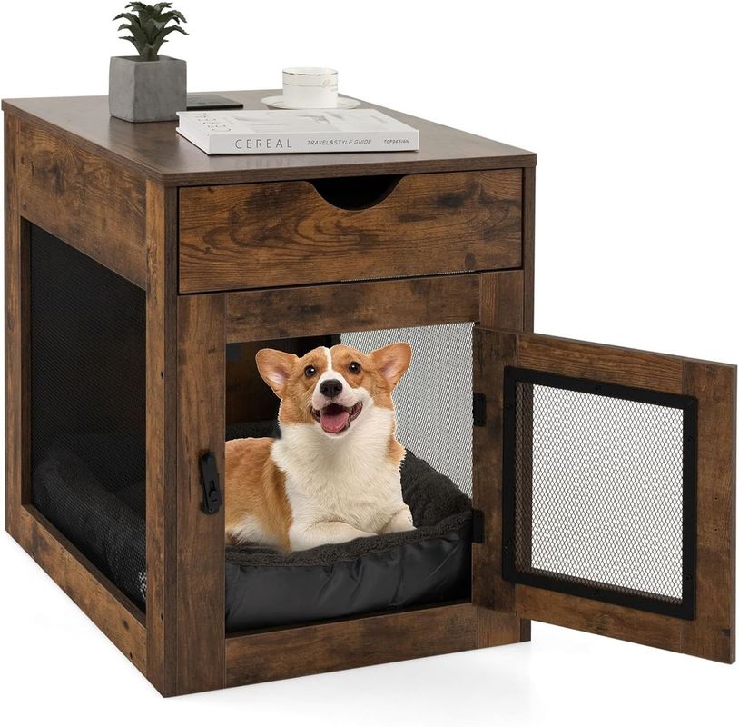 Wooden Dog Kennel End Table with Removable Cushion and Storage Drawer Gray Wood Color