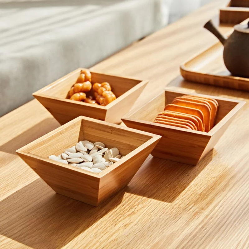 Wooden Salad Bowl Set with Natural Bamboo Square Bowls and Dried Fruit Organizer