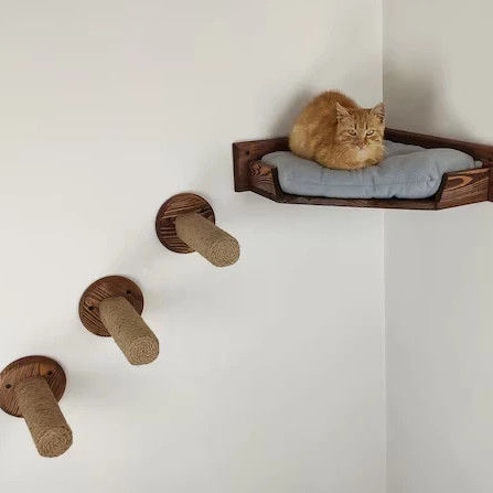 Household Wall Mounted Cat Play House with Tower Cattery Bed in Natural Wood Color