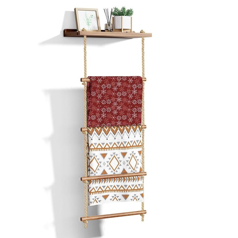 5-Tier Wooden Ladder Shelf Rustic Quilt Rack for Farmhouse Blanket Storage