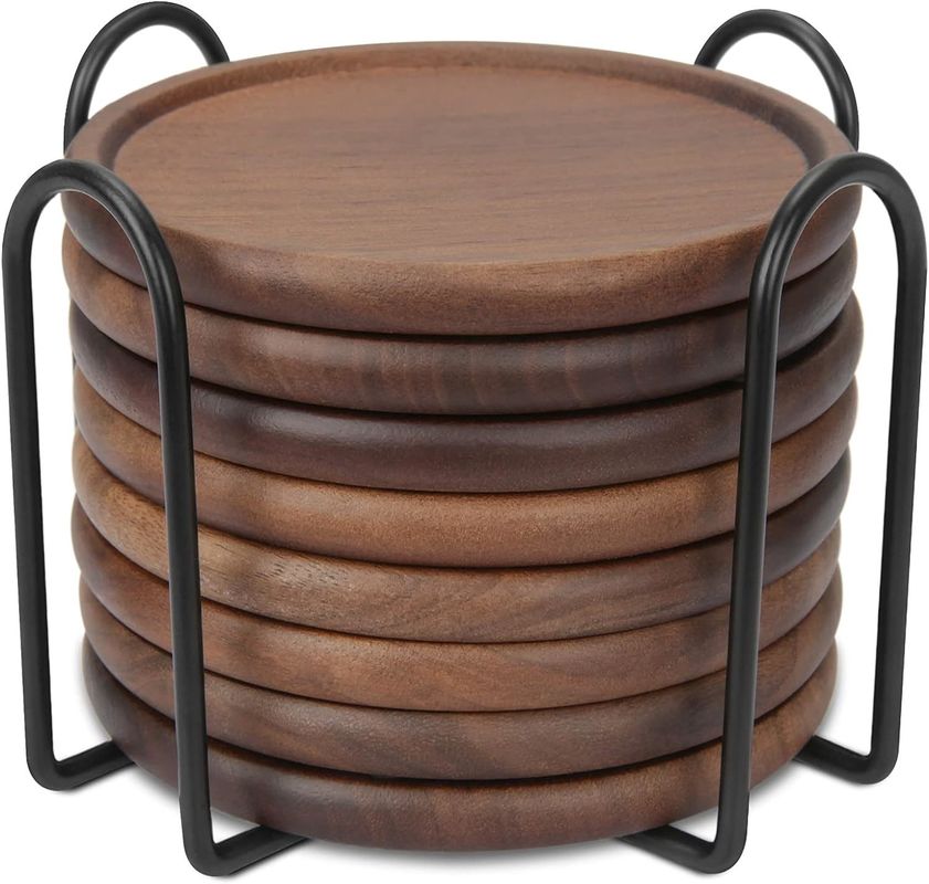 Cup holder mat 4 Inch Natural Bamboo Eco-Friendly Wooden Coasters with Metal Holder