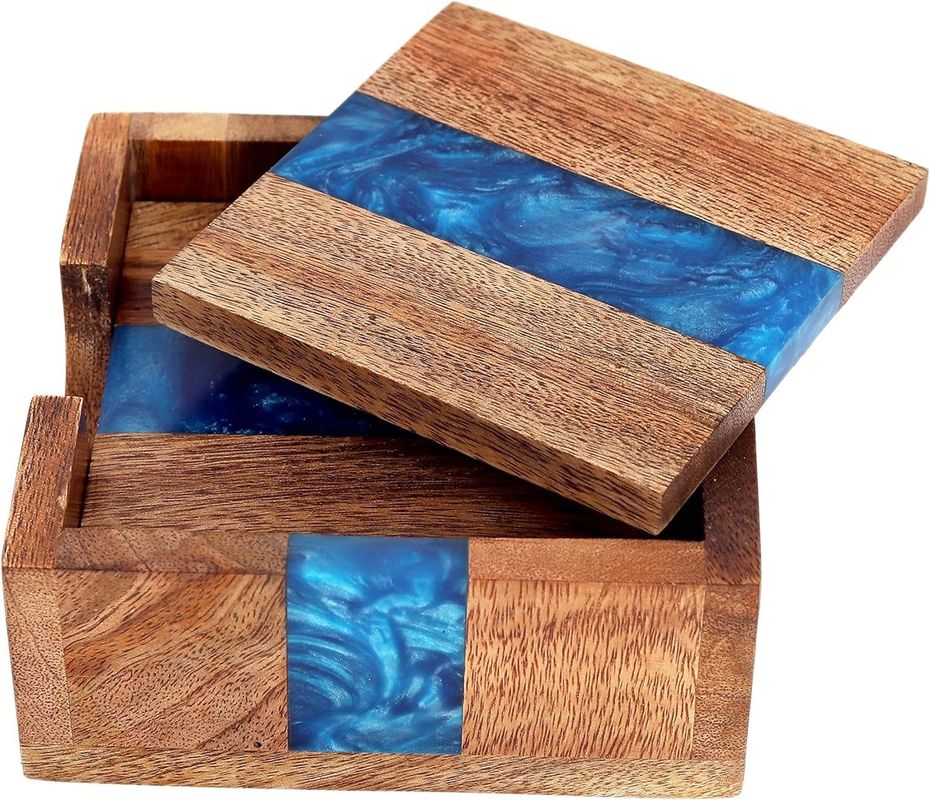 Modern Ocean Blue Epoxy Wood Resin Coaster With Holder The Perfect Choice For Any Home