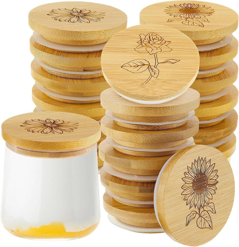 Wooden Plain Color Bamboo Jar Lids With Silicone Sealing Rings Easy Open End Design