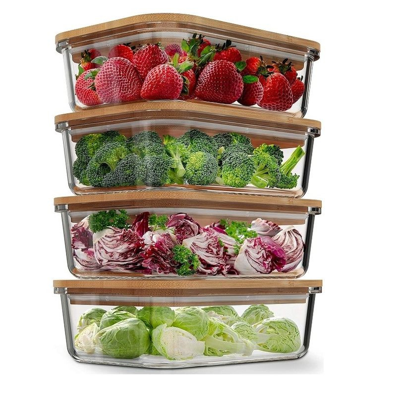 Convenient 4 Pack Glass Food Storage Containers With Bamboo Lids Easy Open End Design