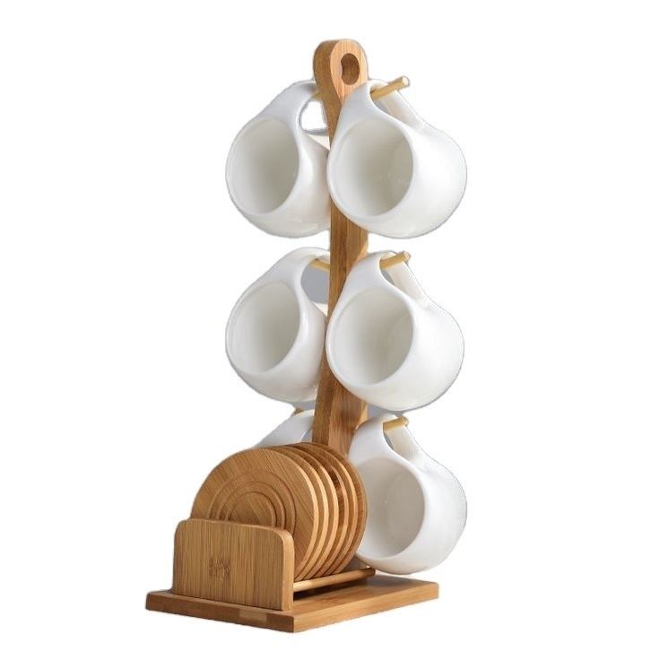 Stocked Six-Piece Ceramic Cup Set with 200 ml Capacity and Mug Coaster on Bamboo Stand