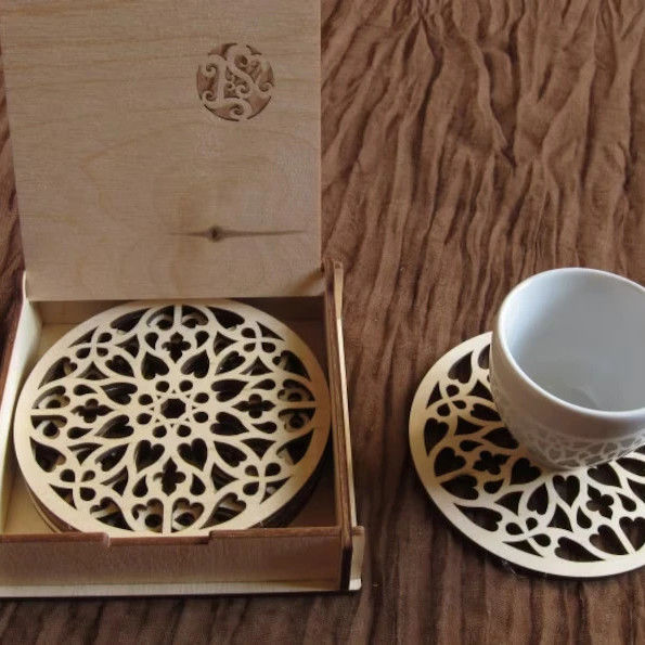 Unique Wooden Rosette Coasters for Coffee Cup in Natural Birch and Gothic Rustic Design