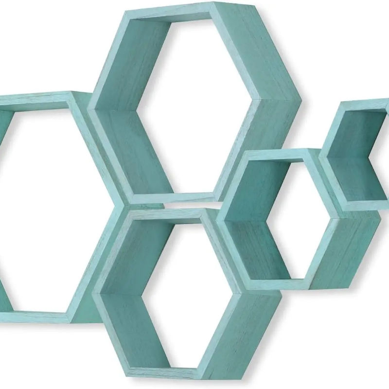 Wood Farmhouse Storage Honeycomb Wall Shelf Wall Mounted Set 5 Hexagon Floating Shelves