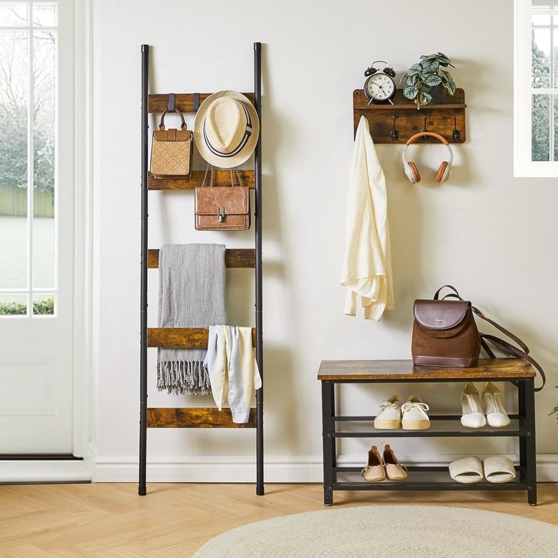 202405 Bathroom Blanket Ladders Wall Leaning Metal Holder Rack with Hooks and Printing burned