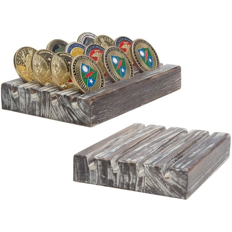Painted Brown 4 Row Torched Wood Military Challenge Coin Display Holder Stand 4x6x1inch
