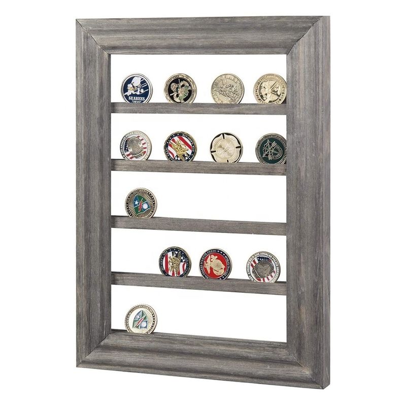 5-Tier Vintage Gray Wood Printing Burned Challenge Coin Display Rack for Wall Mount